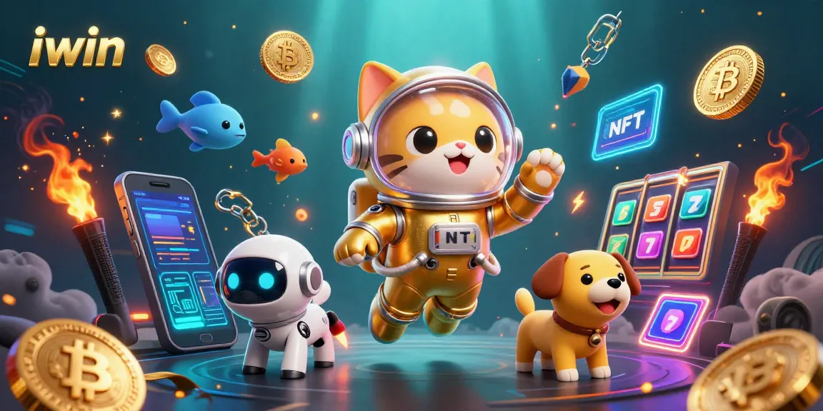 Experience thrilling iwin gameplay with a casino-themed scene featuring a golden astronaut cat, robot dog, and vibrant gaming elements.