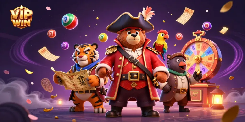 Experience VIPWIN with a vibrant 3D illustration of a pirate captain bear and lively bingo scene.