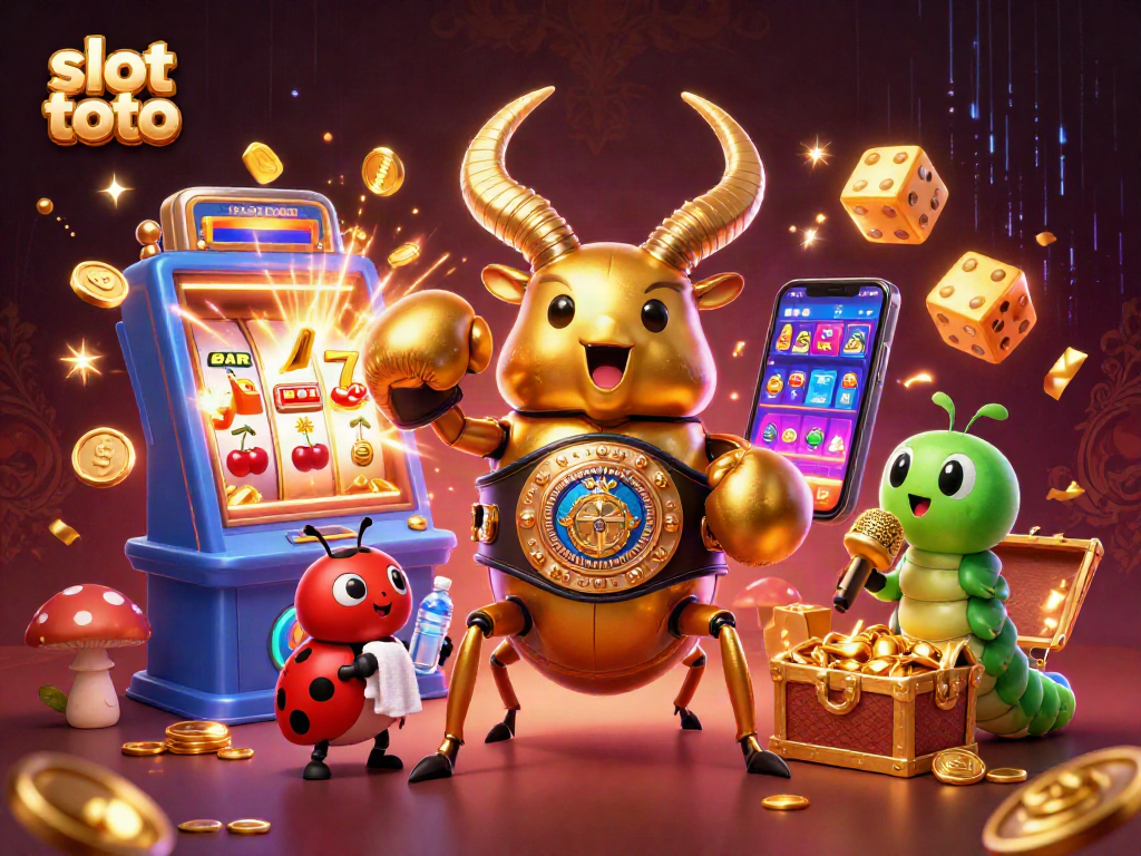 Spin the slot toto reels with a golden stag beetle champion in action amidst jackpots and lively casino elements.