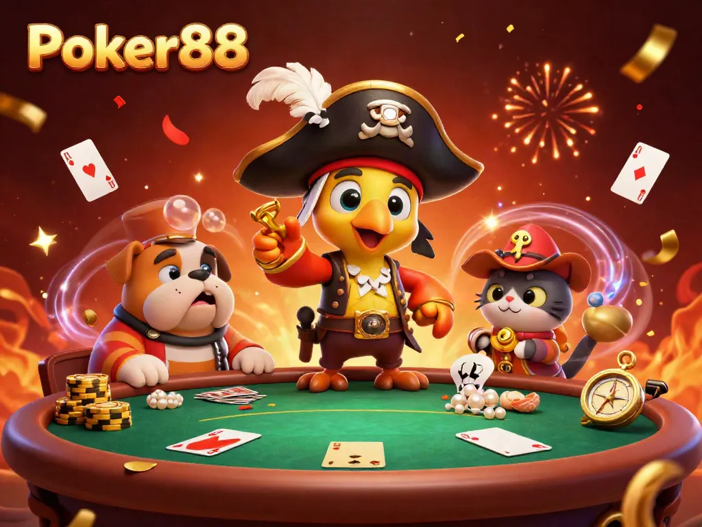 Experience thrilling poker action with Poker88 at a vibrant, detailed casino scene featuring lively characters.
