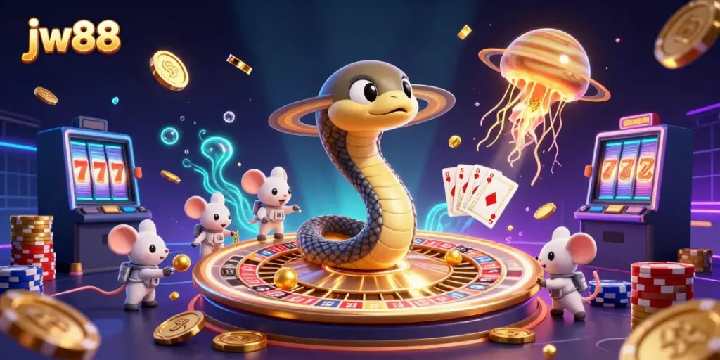Experience excitement with jw88's vibrant casino scene featuring unique cosmic characters and dynamic gaming elements.