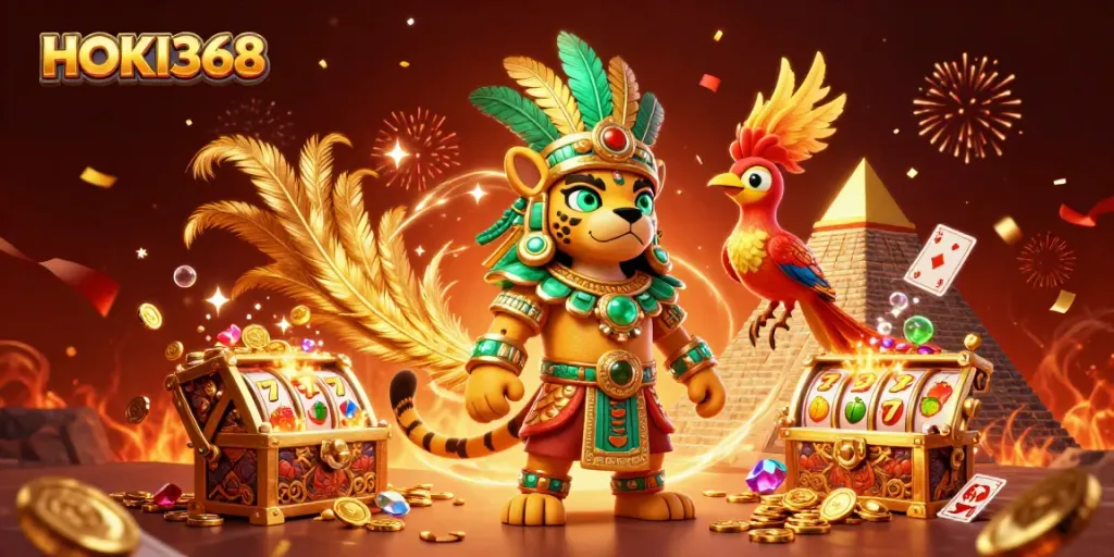 HOKI368 ignites excitement with a Mayan theme, showcasing jackpots and celebrations in a vibrant casino scene.