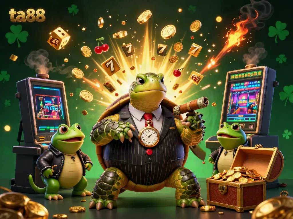 Experience the excitement at ta88 with a vibrant casino illustration of a snapping turtle and bullfrog enforcers.