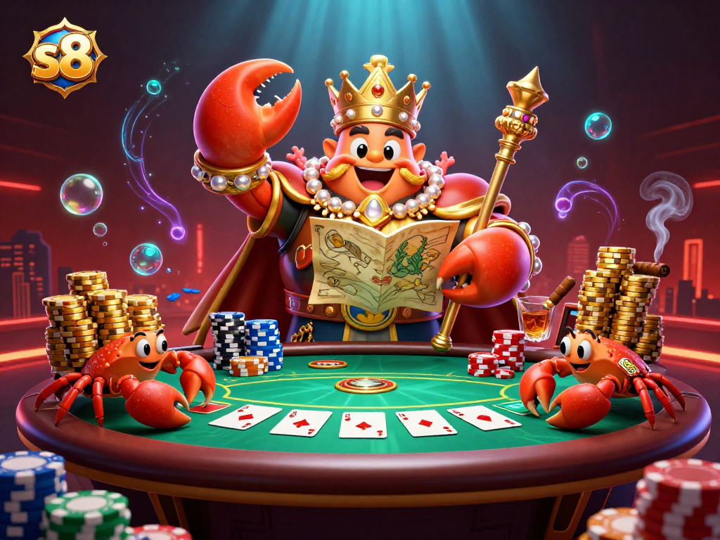 S8 players celebrate winning at a vibrant poker table with golden crab emperor, vivid casino elements.