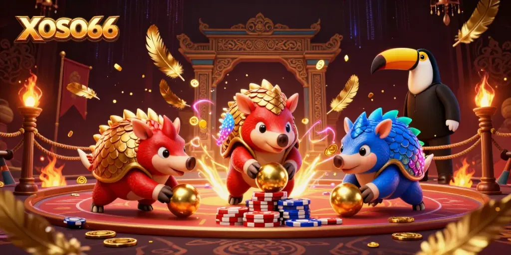XOSO66 pangolins roll through poker chips in an intense 3D casino showdown