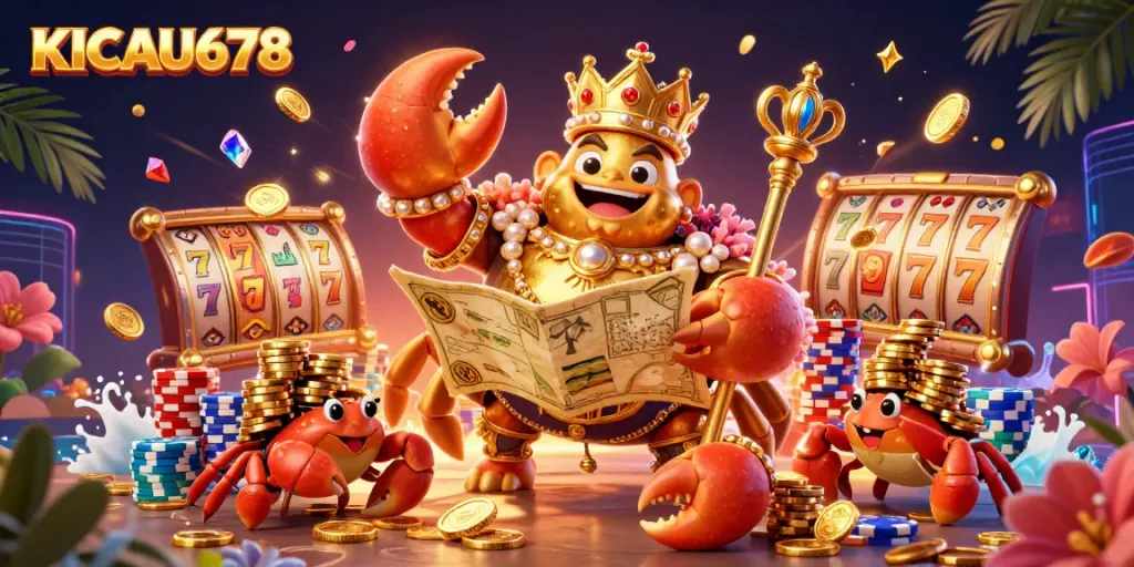 KICAU678 showcases a regal golden crab emperor amidst vibrant casino elements including slots and poker chips.