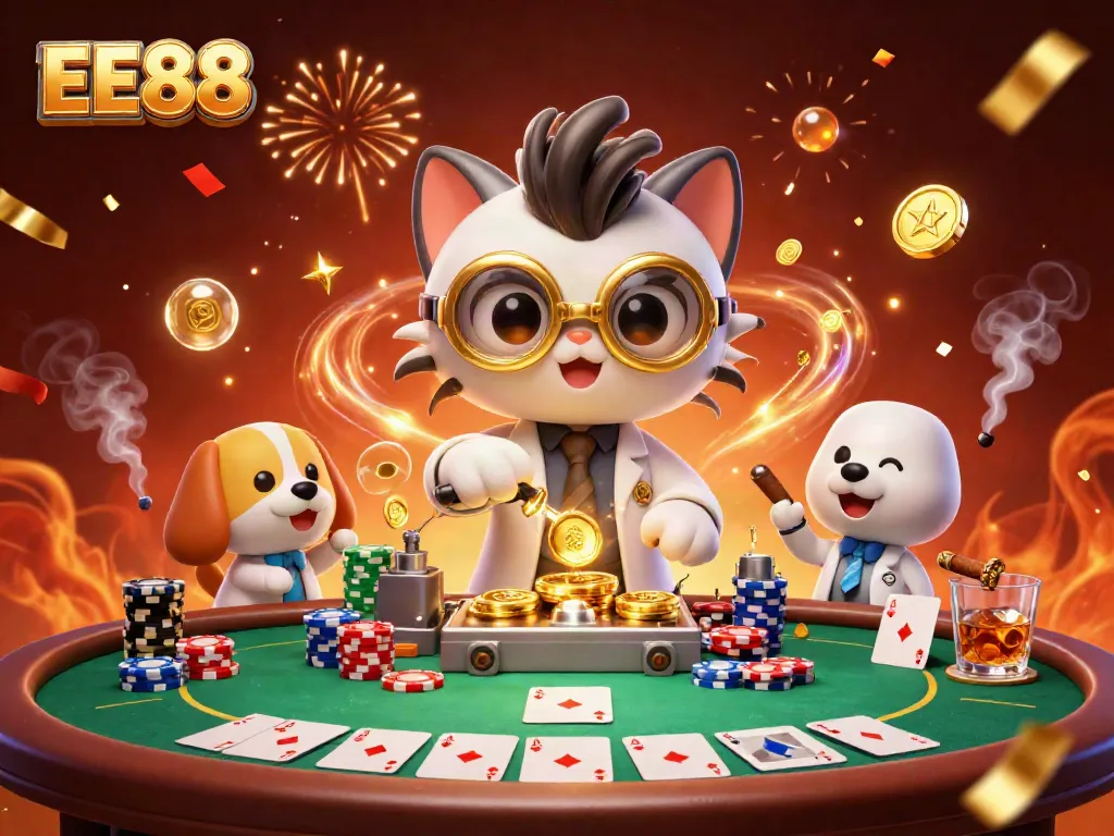 Experience dynamic poker action with EE88 featuring a mad scientist cat and a dog assistant in an energetic casino lab.