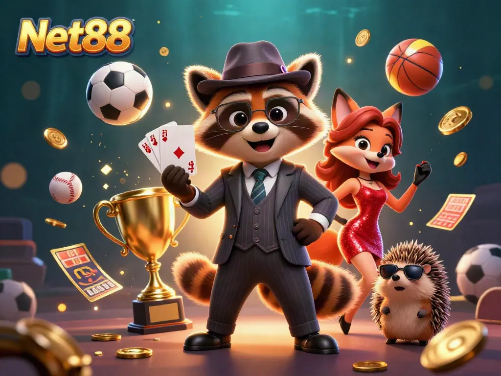 Experience winning with Net88, featuring a raccoon holding a royal flush and vibrant sports elements.