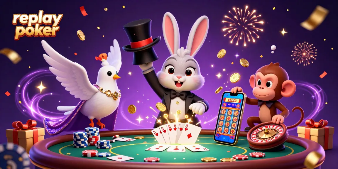 Engage in replay poker at this vibrant casino scene featuring a magician rabbit, a sequined dove, and a playful monkey.