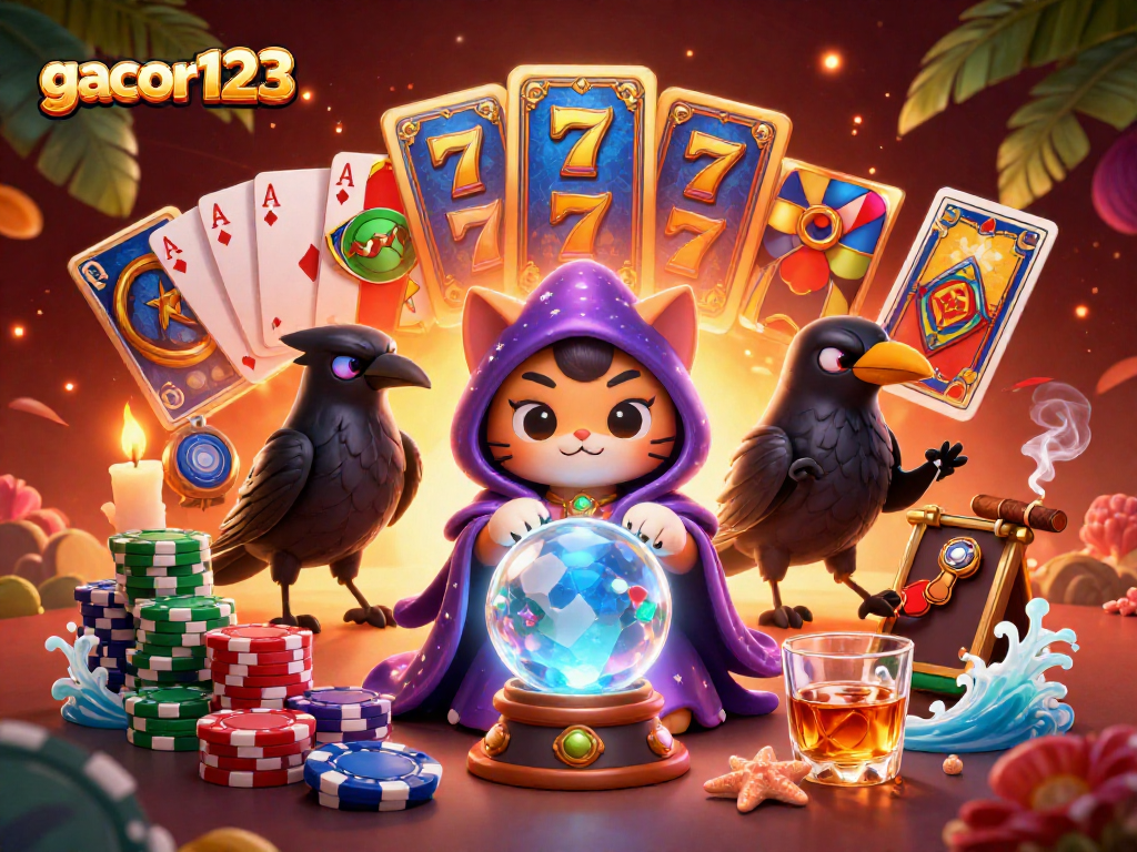 Experience jackpots with gacor123 in this vibrant casino-themed illustration.