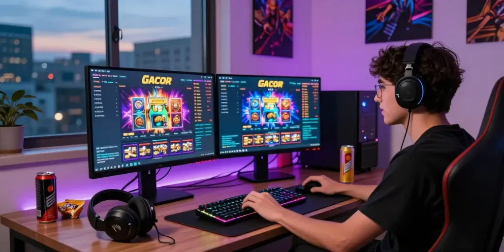 Player engaging in slot gacor games with immersive home setup and vibrant screens.