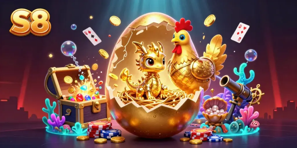 Win big at S8 with this vibrant online casino illustration featuring a golden dragon and poker chips.