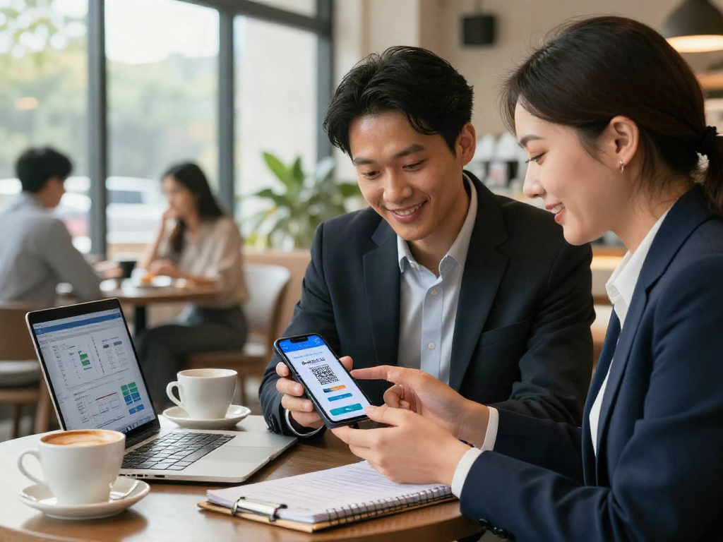 Analyzing slot qris payment options at a cafe with mobile devices.