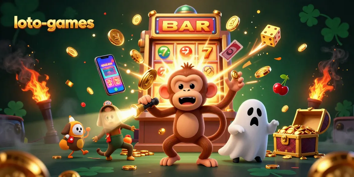 loto-games showcases a dynamic 3D cartoon scene with a mischievous monkey and ghost-hunter puppy in a vibrant casino setting.