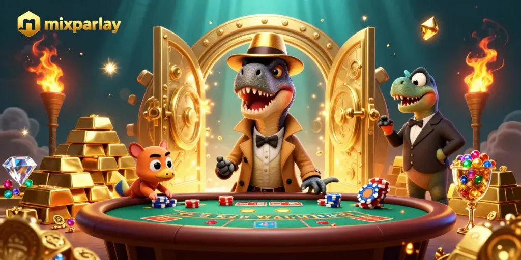 Experience thrilling mixparlay betting with sneaky velociraptor card counter at blackjack table.