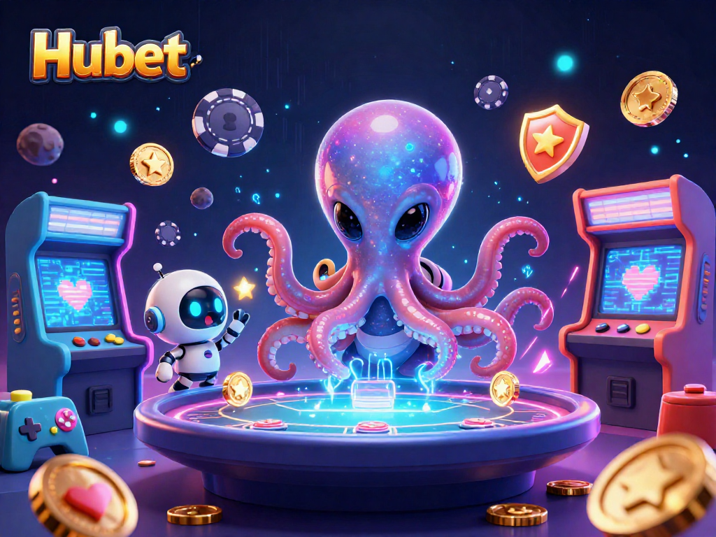 Experience thrilling gameplay at Hubet with a vibrant scene of a cartoon alien octopus and poker elements.