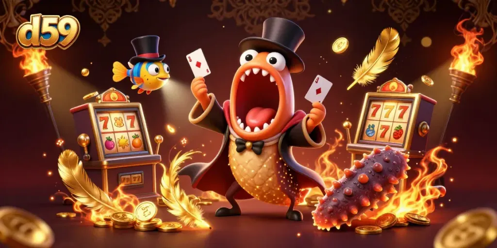 Join the thrilling action with d59's magical slot experience featuring vibrant underwater characters and dynamic game elements.