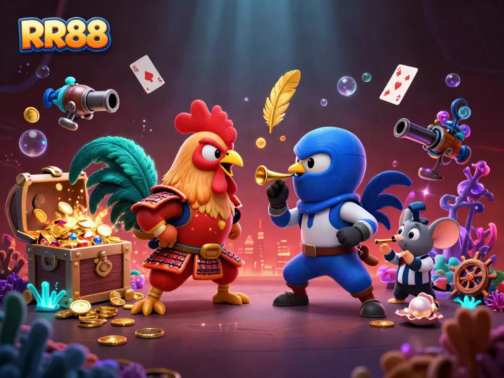 Engage in epic battles with roosters at RR88, featuring vibrant casino elements in action.