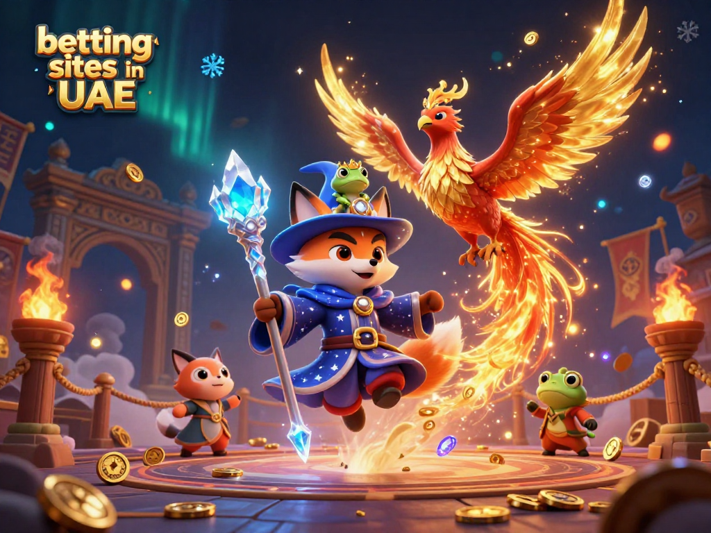 Betting sites in UAE with a mystical wizard fox and phoenix in a vibrant casino-themed scene.