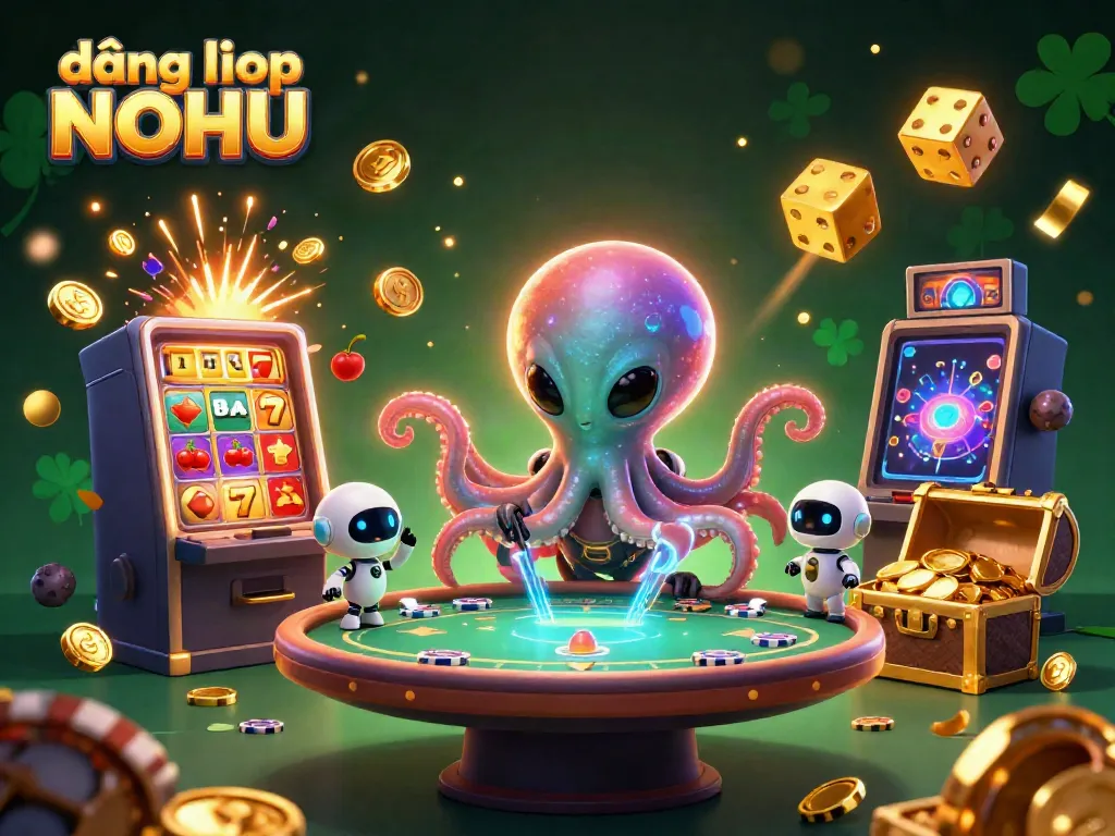 Engage with đăng nhập NOHU in a vibrant, dynamic 3D casino scene featuring cartoon characters and game elements.