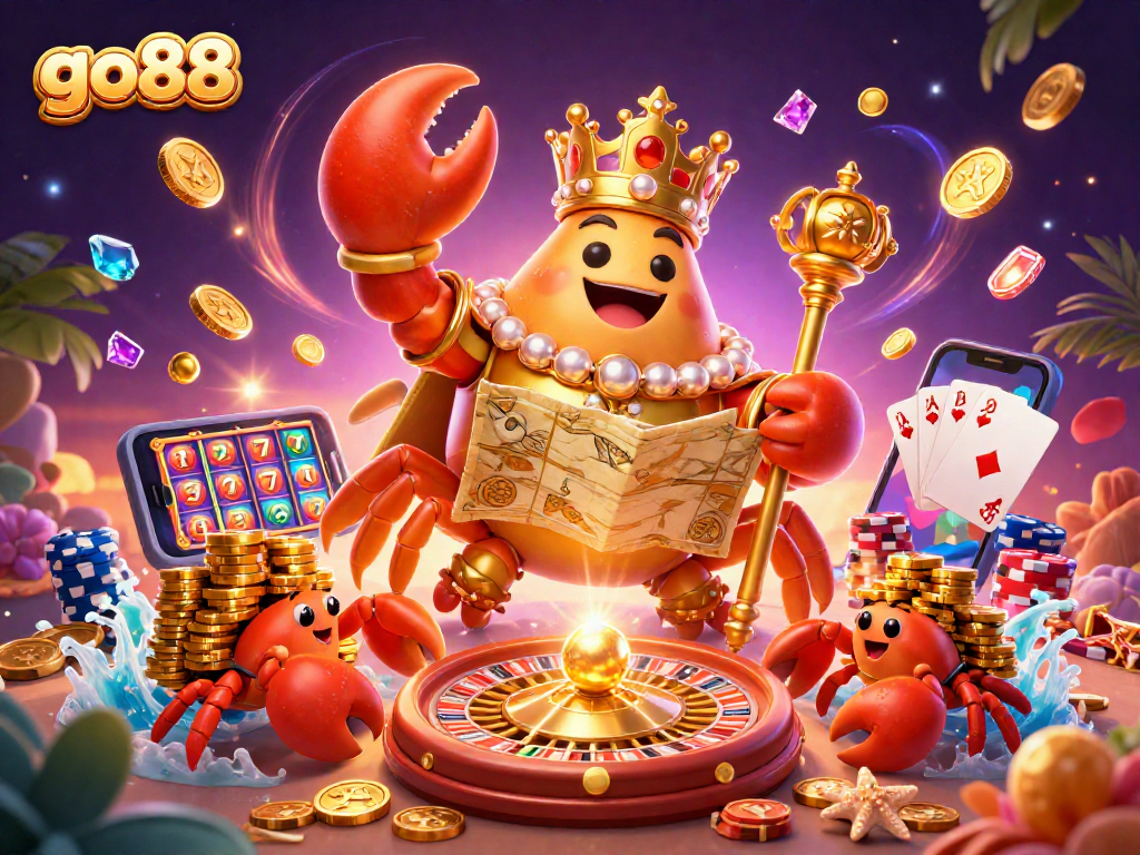 Engaging scene of go88 featuring a golden crab emperor in a dynamic casino setting with gameplay elements.