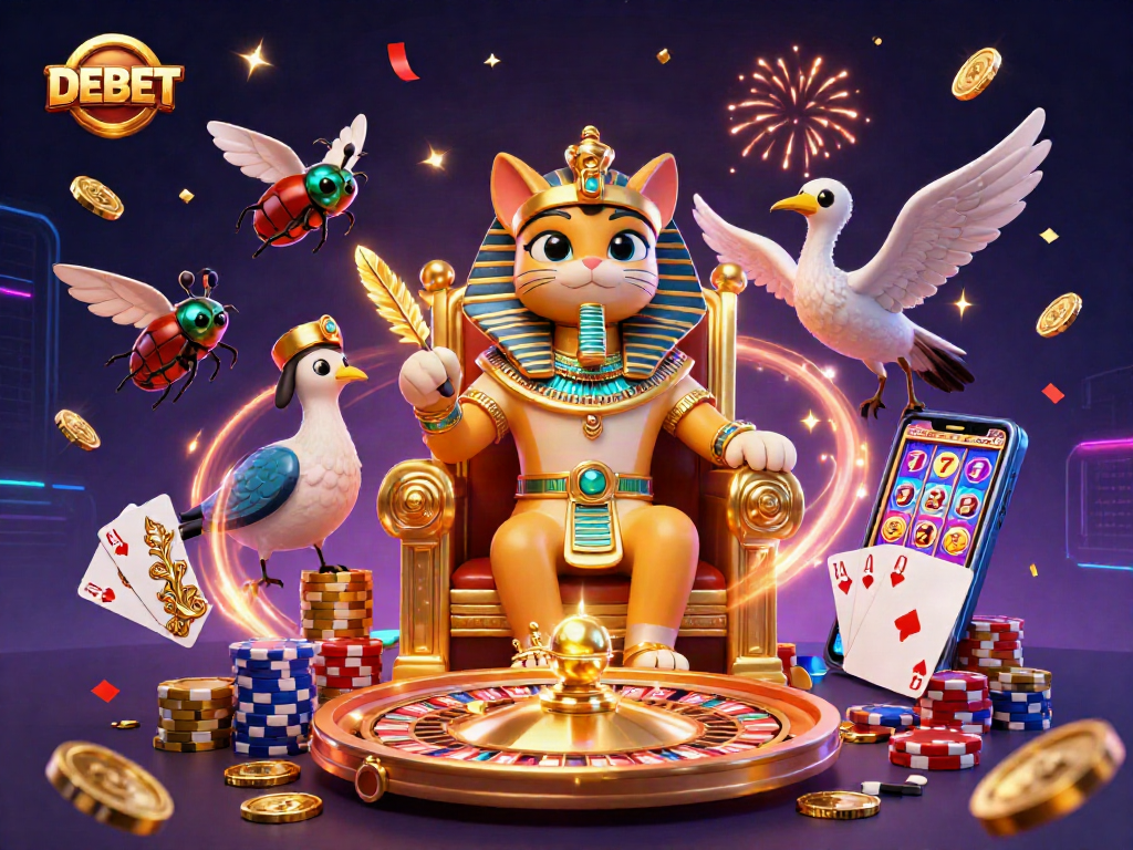 DEBET captivates players with vibrant casino action, showcasing a royal pharaoh alongside dazzling gaming elements
