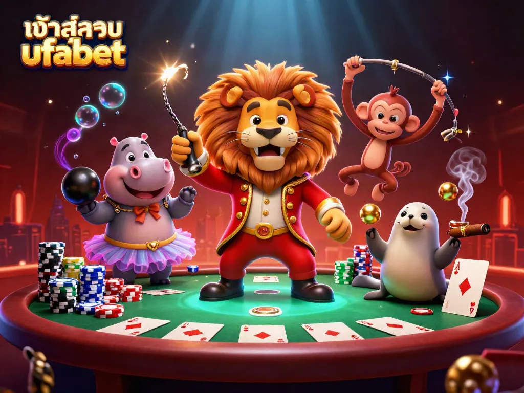Experience the excitement of gaming with เข้าสู่ระบบ ufabet in a vibrant 3D scene featuring circus characters.