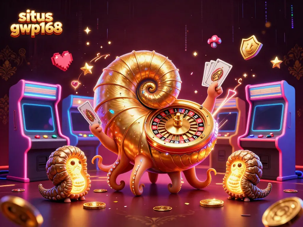 Pengalaman bermain situs gwp168 dengan nautilus kuno, mesin arcade berwarna, dan elemen aktif permainan kasino.