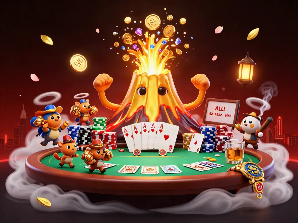 Experience thrilling gameplay at CM88 with vibrant visuals of a casino eruption, poker elements, and treasure.