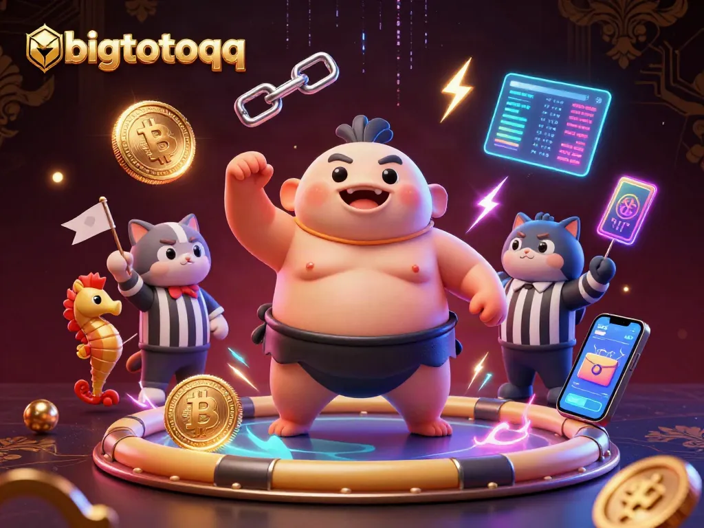 Bettors engage with bigtotoqq in a colorful 3D casino scene filled with vibrant characters and cryptocurrency elements.