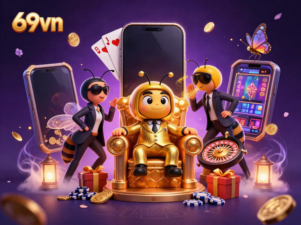 Experience the vibrant excitement of 69vn casino with a mob boss and his entourage in a whimsical honeycomb room.