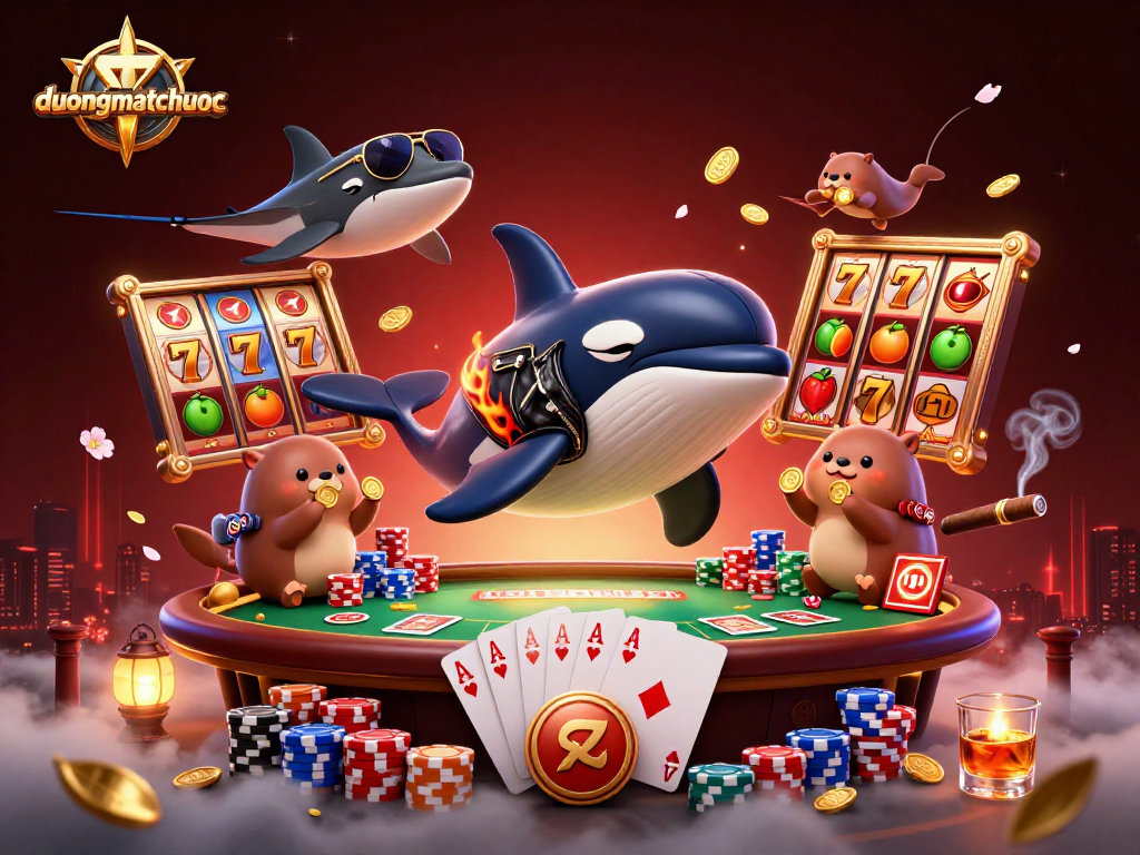 The duongmatchuoc online casino scene showcases an orca whale with golden coins amidst vibrant slot reels and sea creatures.