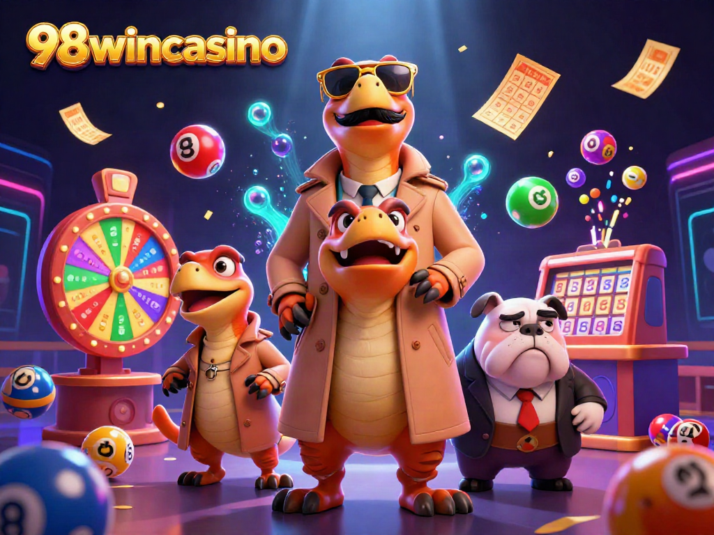 Engage with 98wincasino's vibrant lottery scene featuring cartoon raptors trying to join a VIP lounge.