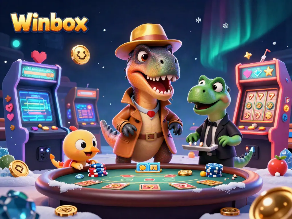 Winbox captures the action at a blackjack table with a velociraptor and stegosaurus in a vibrant casino scene.