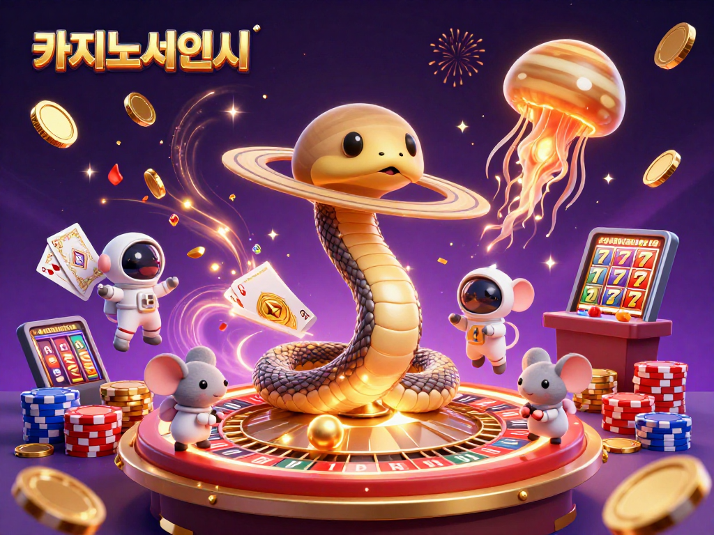 카지노사이트에서 에너지가 넘치는 베팅을 하는 작은 우주비행사 쥐와 함께하는 3D 카지노 일러스트