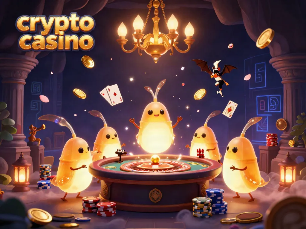 Experience the vibrant energy of a crypto casino with glowworms lighting the scene filled with games and rewards.