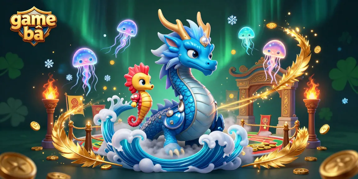 Experience winning game bài adventures with a captivating water dragon and seahorse knight in a vibrant casino scene.