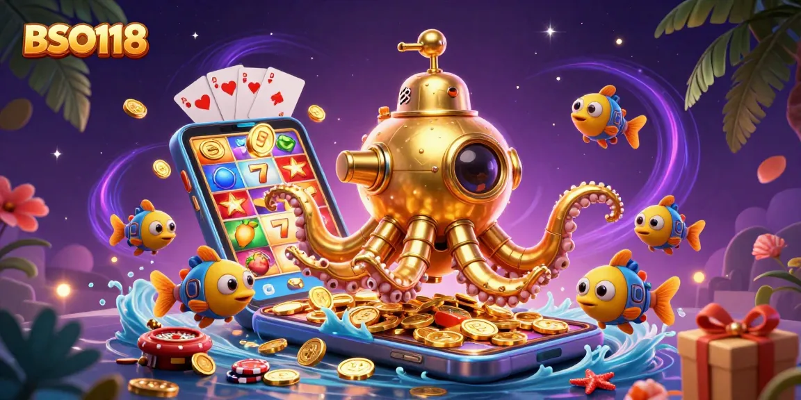 Engage in thrilling gameplay with BSO118, featuring a kraken submarine amidst golden coins and vibrant casino elements.