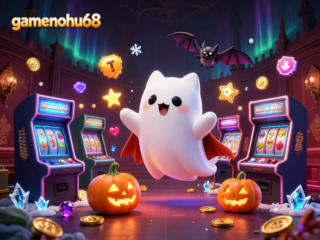 Spin the reels with gamenohu68's floating ghost cat and lively slot machines in a haunted casino
