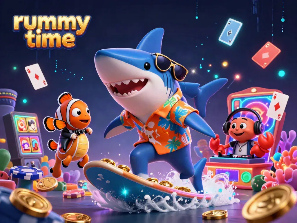 Experience Rummy Time with engaging characters surfing on gold coins amid vibrant rummy elements.