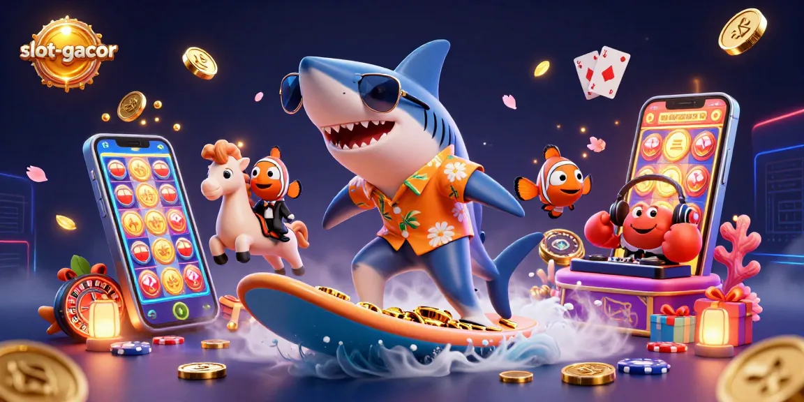 Experience the thrill of slot-gacor with a vibrant 3D scene featuring characters amid gold coins and casino elements.