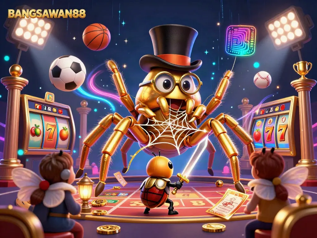 BANGSAWAN88 presents an animated scene showcasing a golden tarantula and beetle knight engaging in a vibrant casino universe.