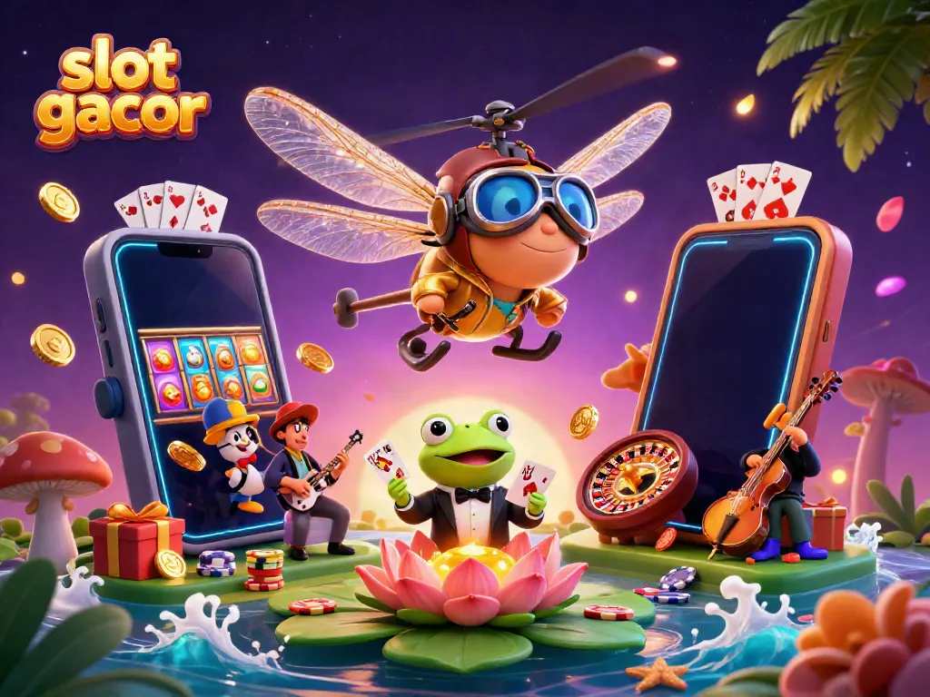 Menang di slot gacor dengan ilustrasi kasino yang menarik dan berwarna-warni, menggambarkan pengalaman bermain.