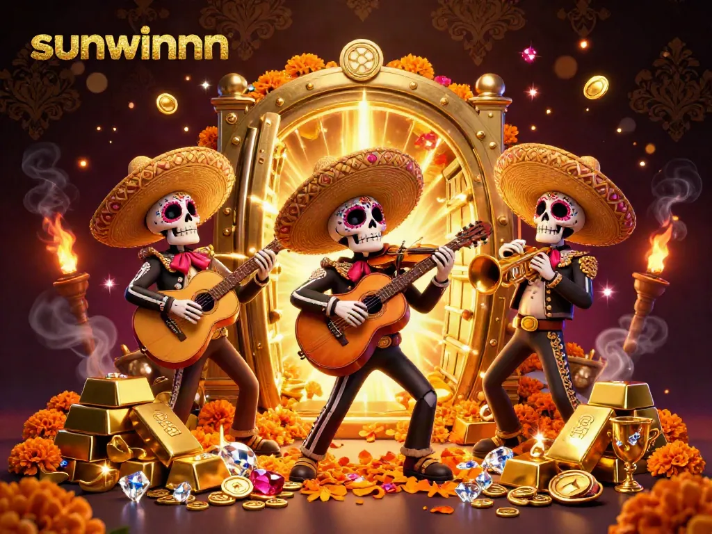 Engage in thrilling gameplay at sunwinnn with a colorful casino scene of mariachi skeletons surrounded by gold treasures.