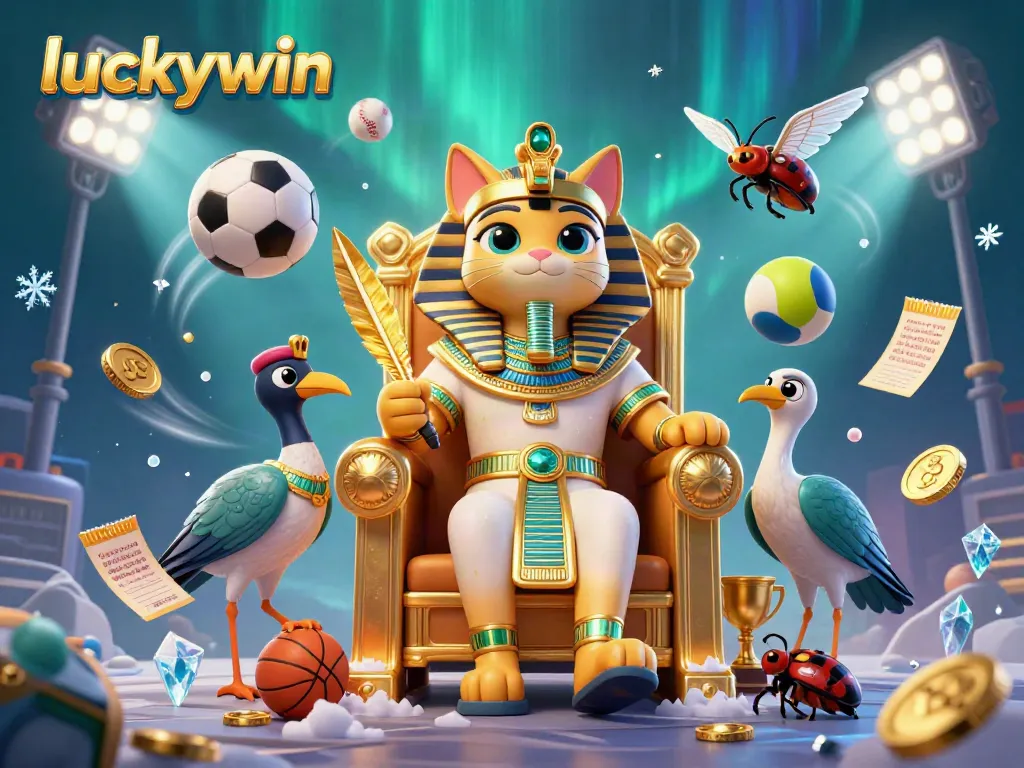 Experience thrilling gaming at luckywin with a vibrant illustration featuring a pharaoh cat and sports elements.