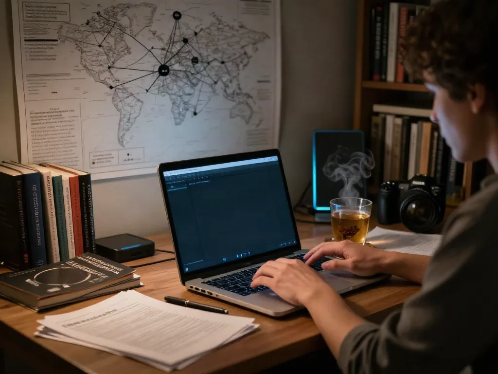 Person researching the hidden wiki on a laptop in a cozy study filled with dark web literature.