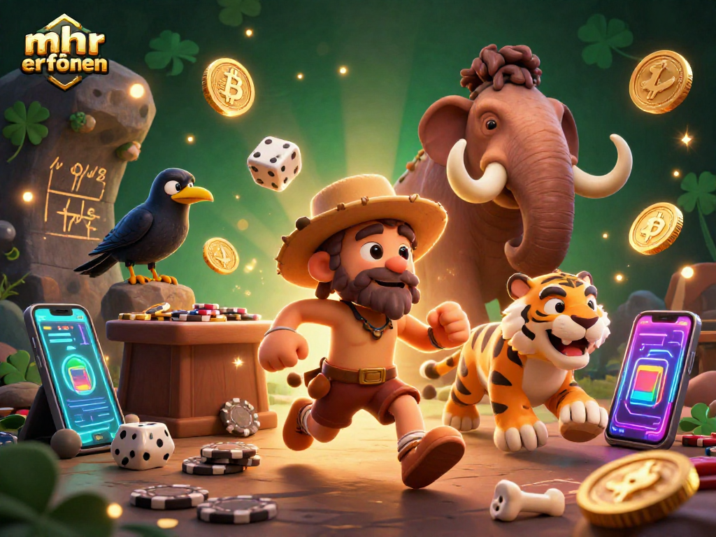 Play to win at the prehistoric casino in this vibrant mehr erfahren illustration with engaging characters.