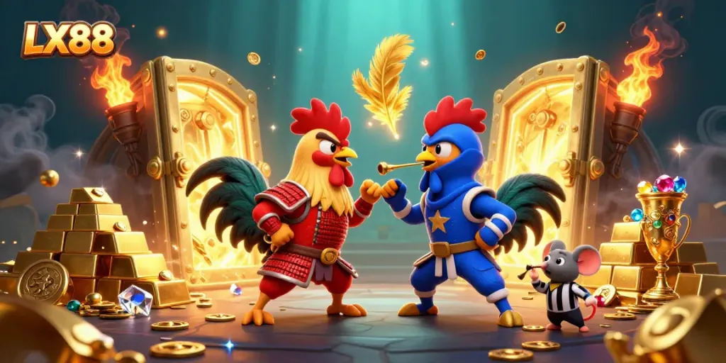 Experience the thrill at LX88 with vivid roosters in battle among treasures and gold, capturing intense gambling action.