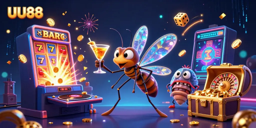UU88 casino scene with a mystical mascot, colorful slot machine explosion, and engaging gaming elements.