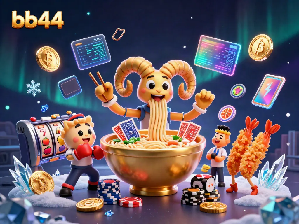 Engage with bb44 through a vibrant 3D illustration showcasing a golden ramen bowl and thrilling casino elements.